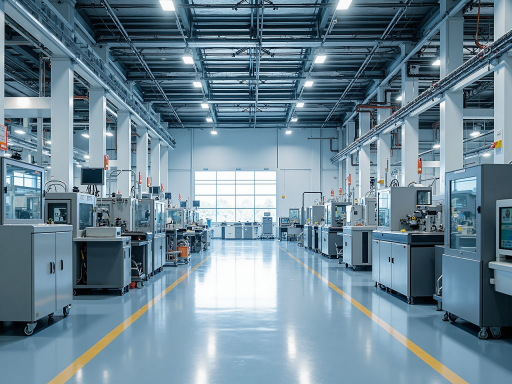 Modern factory facility with advanced manufacturing equipment, bright industrial lighting, clean environment